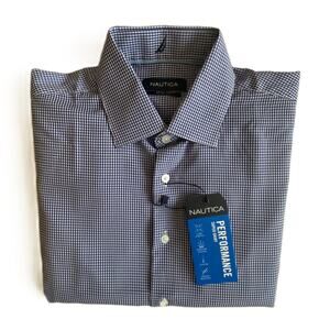 Nautica Dress Shirt Men's 14-14.5 32/33 Performance Slim Fit Blue White Ck NEW